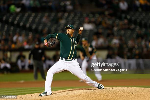 Felix Doubront of the Oakland Athletics pitches during the game against the Texas Rangers at O.co Coliseum on September 23, 2015 in Oakland,...