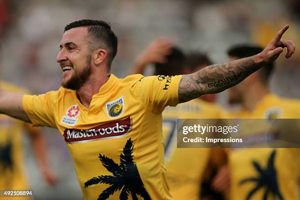 Roy O'Donovan of the Mariners celebrates a goal during the round one A-League match between the Central Coast Mariners and the Perth Glory at Central...