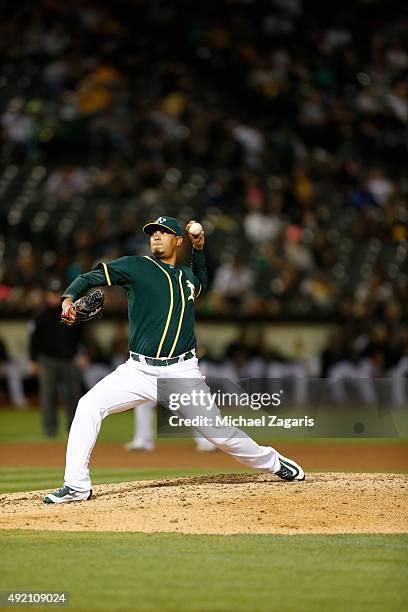 Felix Doubront of the Oakland Athletics pitches during the game against the Texas Rangers at O.co Coliseum on September 23, 2015 in Oakland,...