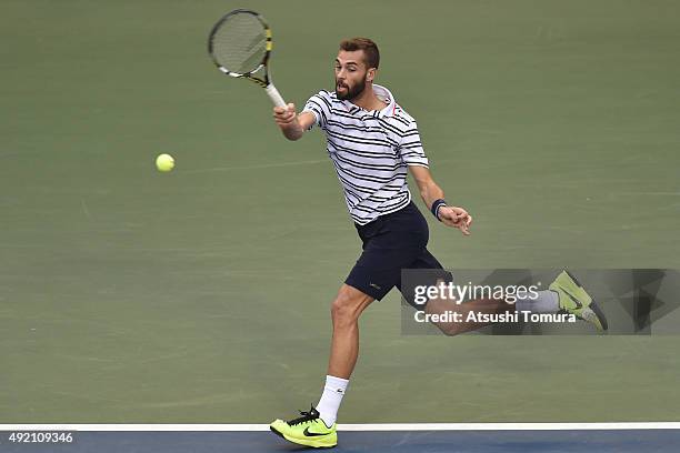 Benoit Paire of France competes against Kei Nishikori of Japan during the men's singles semi final match on Day Six of the Rakuten Open 2015 at...