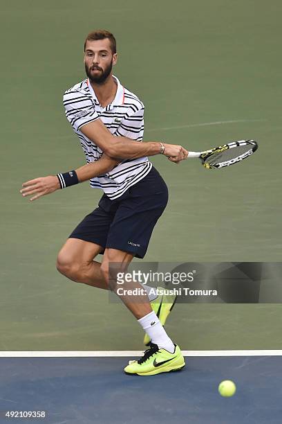 Benoit Paire of France competes against Kei Nishikori of Japan during the men's singles semi final match on Day Six of the Rakuten Open 2015 at...