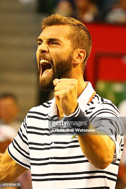 Benoit Paire of France celebrates after winning the men's singles semi final match against Kei Nishikori of Japan on Day Six of the Rakuten Open 2015...