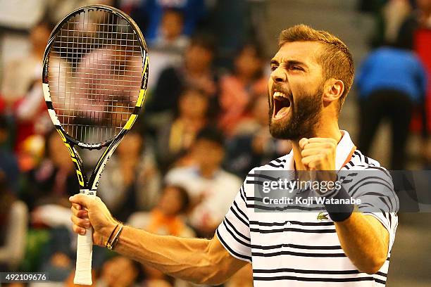 Benoit Paire of France celebrates after winning the men's singles semi final match against Kei Nishikori of Japan on Day Six of the Rakuten Open 2015...