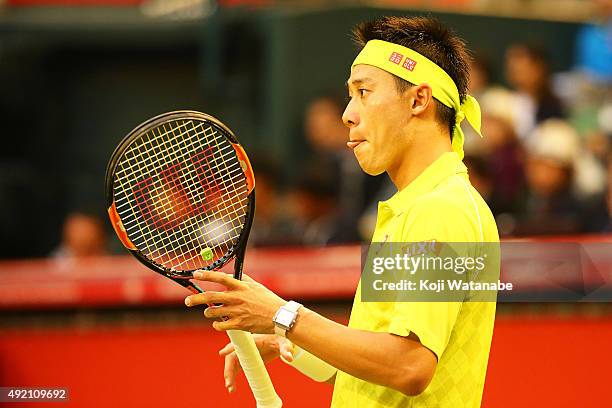 Kei Nishikori of Japan is seen after the men's singles semi final match against Benoit Paire of France on Day Six of the Rakuten Open 2015 at Ariake...