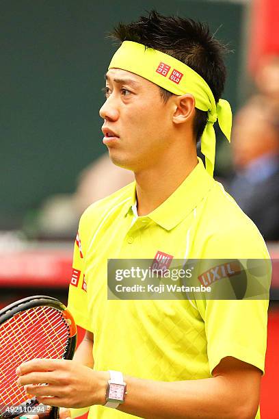 Kei Nishikori of Japan is seen during the men's singles semi final match against Benoit Paire of France on Day Six of the Rakuten Open 2015 at Ariake...