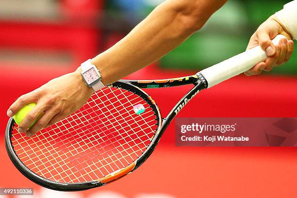 Close-up of Kei Nishikori of Japan during the men's singles semi final match against Benoit Paire of France on Day Six of the Rakuten Open 2015 at...