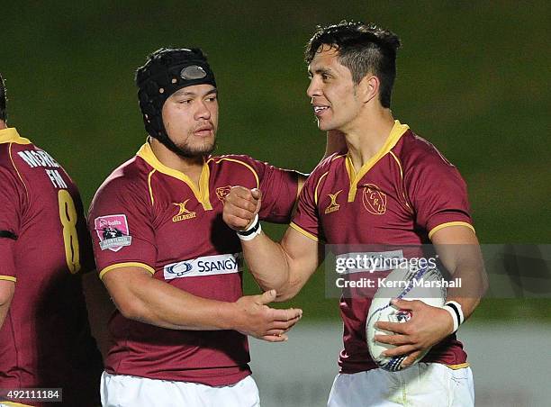 Joe Perawiti and James Hemera of King Country celebrate a try during the round eight Heartland Championship match between King Country and East Coast...