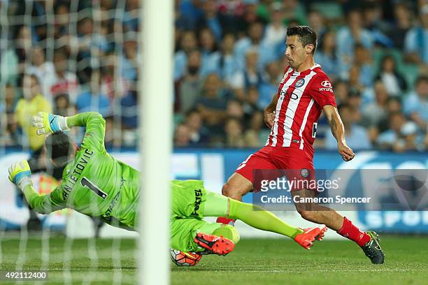 Robert Koren of Melbourne City FC attempts a shot at goal during the round one A-League match between Sydney FC and Melbourne City FC at Allianz...