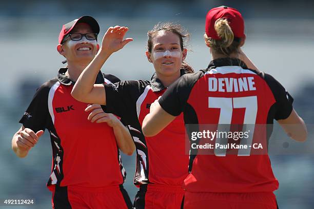 Megan Schutt of South Australia celebrates after the wicket of Rachael Haynes of New South Wales during the round one WNCL match between New South...