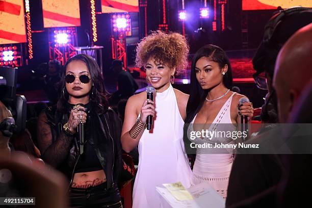 Morgan Westbrooks, Crystal Westbrooks and India Love Westbrooks speak at the 2015 BET Hip Hop Awards at Boisfeuillet Jones Atlanta Civic Center on...