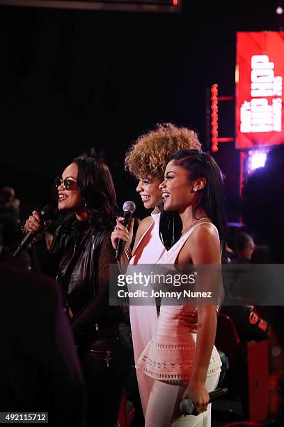 Morgan Westbrooks, Crystal Westbrooks and India Love Westbrooks speak at the 2015 BET Hip Hop Awards at Boisfeuillet Jones Atlanta Civic Center on...