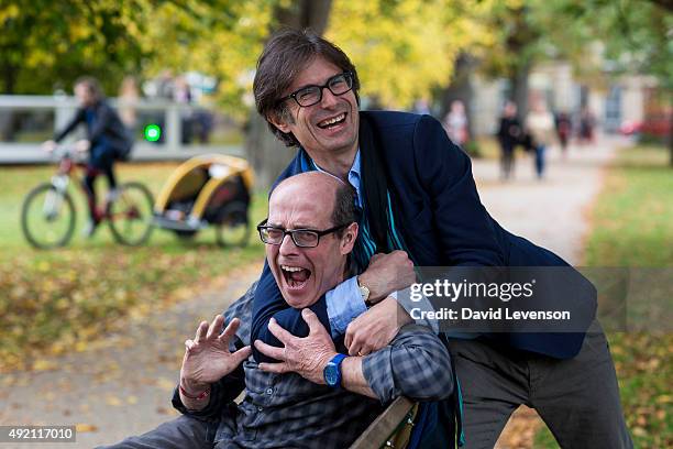 Nick Robinson, BBC Political Editor jokes with his former colleague Robert Peston ITV Broadcaster whilst discussing Robinson's new book at the...