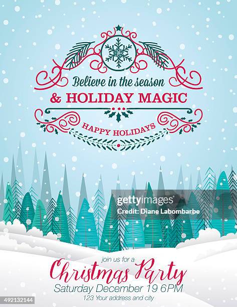 bildbanksillustrationer, clip art samt tecknat material och ikoner med snowy christmas card with forest and holiday a seasonal decoration - christmas party invitation