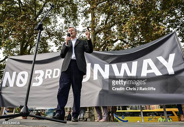 Zac Goldsmith, Conservative Mayoral candidate speaks to protesters during a rally against a third runway at Heathrow airport, in Parliament Square on...