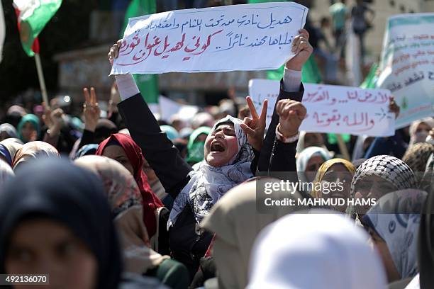 Palestinian women protesters hold placards during a demonstration in support of Palestinians in the West Bank and against Jewish groups visiting the...