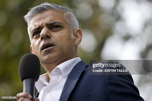 British Labour party London mayoral candidate Sadiq Khan addresses protesters gathering in a rally against a proposed expansion of Heathrow Airport...