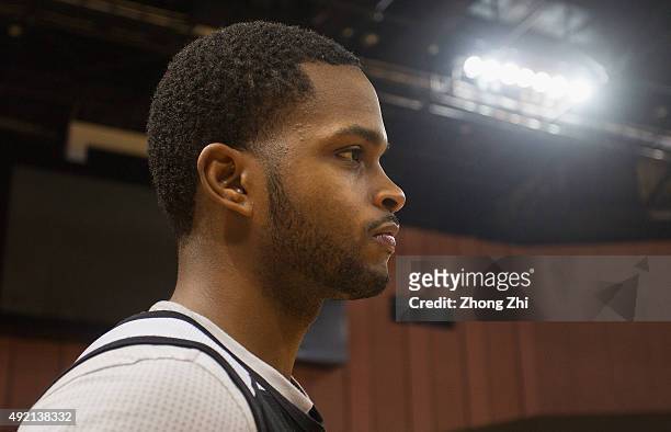 Troy Daniels of Charlotte Hornets speaks to the media as part of the 2015 Global Games China at the Shenzhen City Arena on October 10, 2015 in...