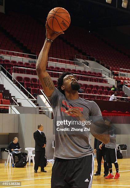 Deandre Jordan of Los Angeles Clippers shoots during practice as part of the 2015 Global Games China at the Shenzhen City Arena on October 10, 2015...