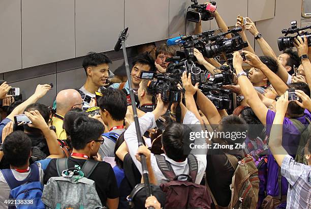 Jeremy Lin of Charlotte Hornets speaks to the media as part of the 2015 Global Games China at the Shenzhen City Arena on October 10, 2015 in...