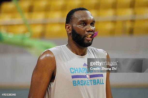 Al Jefferson of Charlotte Hornets looks on during practice as part of the 2015 Global Games China at the Shenzhen City Arena on October 10, 2015 in...
