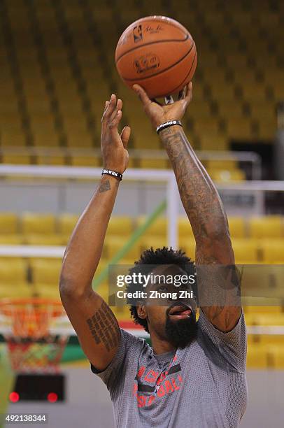 Deandre Jordan of Los Angeles Clippers shoots during practice as part of the 2015 Global Games China at the Shenzhen City Arena on October 10, 2015...