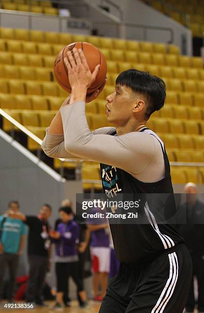 Jeremy Lin of Charlotte Hornets shoots during practice as part of the 2015 Global Games China at the Shenzhen City Arena on October 10, 2015 in...