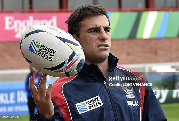Scrum half Mike Petri attends the captain's run training session, in Gloucester, southwest England, on October 10, 2015 on the eve of their pool B...