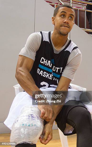 Brian Roberts of Charlotte Hornets relaxs during practice as part of the 2015 Global Games China at the Shenzhen City Arena on October 10, 2015 in...