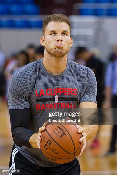 Blake Griffin of Los Angeles Clippers shoots during practice as part of the 2015 Global Games China at the Shenzhen City Arena on October 10, 2015 in...