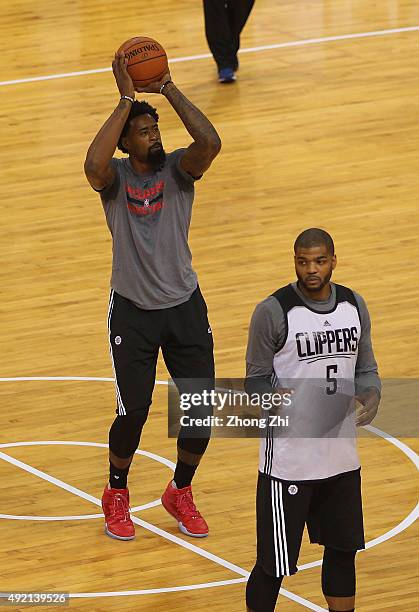 Deandre Jordan of Los Angeles Clippers shoots during practice as part of the 2015 Global Games China at the Shenzhen City Arena on October 10, 2015...