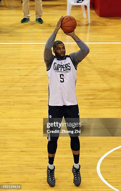 Josh Smith of Los Angeles Clippers shoots during practice as part of the 2015 Global Games China at the Shenzhen City Arena on October 10, 2015 in...