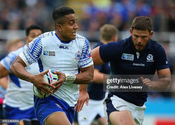 Rey Lee-Lo of Samoa breaks free during the 2015 Rugby World Cup Pool B match between Samoa and Scotland at St James' Park on October 10, 2015 in...