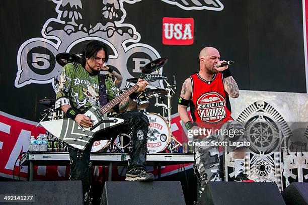 Zoltan Bathory and Ivan Moody of Five Finger Death Punch performs during 2014 Rock On The Range at Columbus Crew Stadium on May 18, 2014 in Columbus,...