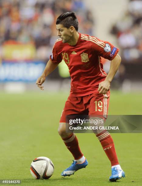 Spains Nolito controls the ball during the Euro 2016 qualifying football match Spain vs Luxembourg at Las Gaunas stadium in Logrono on October 9,...