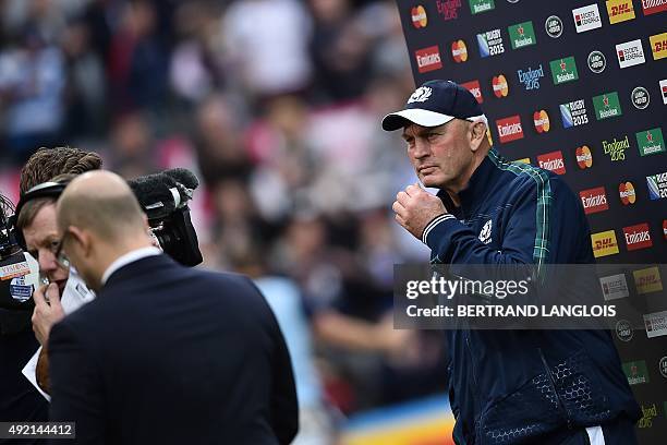 Scotland's New Zealander head coach Vern Cotter speaks to the press after a Pool B match of the 2015 Rugby World Cup between Scotland and Samoa at St...