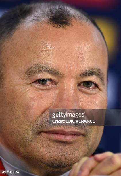 Japan's head coach Eddie Jones gives a press conference in Gloucester on October 10 during 2015 Rugby Union World Cup. AFP PHOTO / LOIC VENANCE...