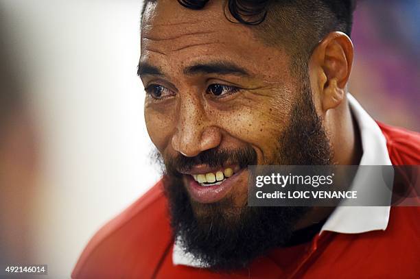 Japan's number 8 Ryu Koliniasi Holani gives a press conference in Gloucester on October 10 during 2015 Rugby Union World Cup. AFP PHOTO / LOIC...