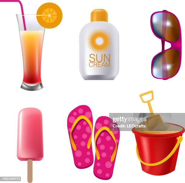 summer icons set - sand bucket stock illustrations