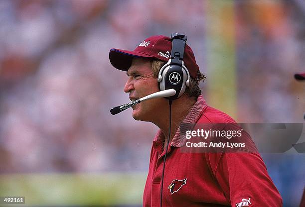 Head coach Vince Tobin of the Arizona Cardinals looks on from the sidelines during the game against the Miami Dolphins at the Pro Player Stadium in...