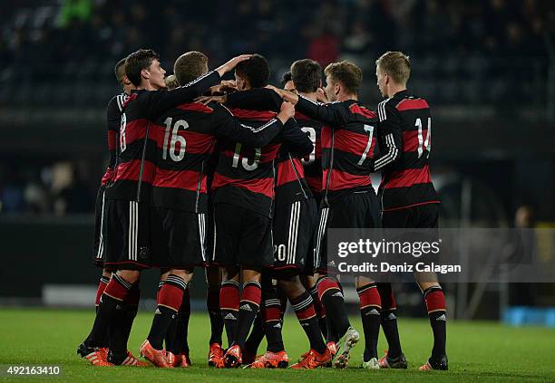 Boubacar Barry of Germany celebrates his teams second goal during the U20 Mercedes-Benz Elite Cup at Scholz-Arena on October 10, 2015 in Aalen,...