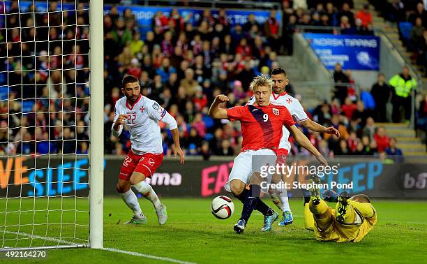 Alexander Soderlund of Norway scores his sides second goal during the UEFA EURO 2016 Qualifying match between Norway and Malta at Ullevaal Stadion on...