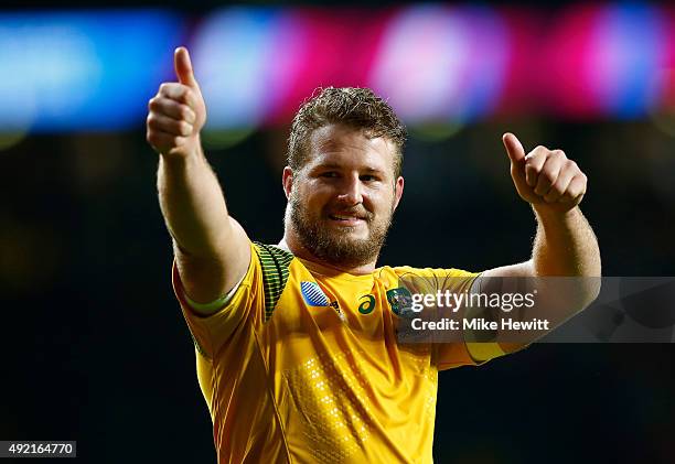 James Slipper of Australia celebrates victory after the 2015 Rugby World Cup Pool A match between Australia and Wales at Twickenham Stadium on...