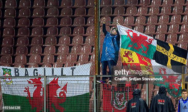Fans of Wales arrive ahead of the Euro 2016 qualifying football match between Bosnia and Herzegovina and Wales at the Stadium Bilino Polje in Elbasan...