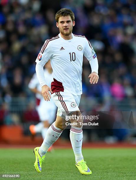 Valerijs Sabala of Latvia celebrates his goal during the UEFA EURO 2016 Qualifier match between Iceland and Latvia at Laugardalsvollur National...