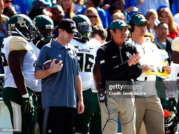 Head coach Art Briles of the Baylor Bears watches from the sidelines during the game against the Kansas Jayhawks at Memorial Stadium on October 10,...