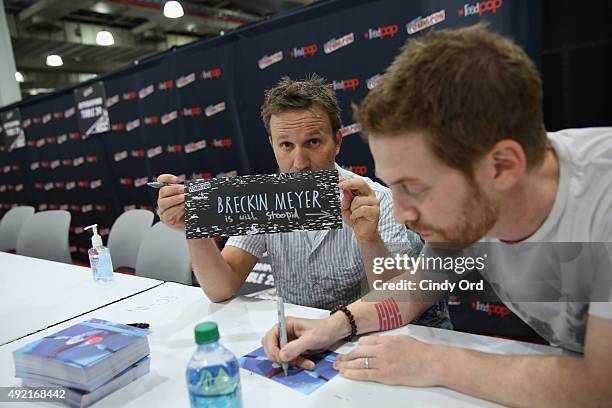 Actors Breckin Meyer and Seth Green attend the Adult Swim Signing: Robot Chicken. Adult Swim at New York Comic Con at Jacob Javitz Center on October...