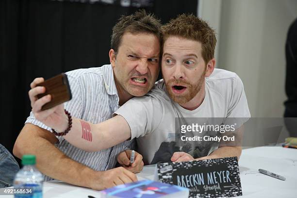 Actors Breckin Meyer and Seth Green take a selfie at the Adult Swim Signing: Robot Chicken. Adult Swim at New York Comic Con at Jacob Javitz Center...