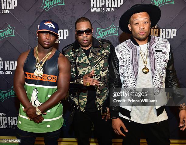 Genasis and Busta Rhymes attend 2015 BET Hip Hop awards at Boisfeuillet Jones Atlanta Civic Center on October 9, 2015 in Atlanta, Georgia.