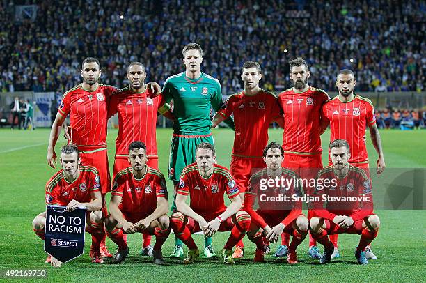 Line up Wales national team prior the Euro 2016 qualifying football match between Bosnia and Herzegovina and Wales at the Stadium Bilino Polje in...