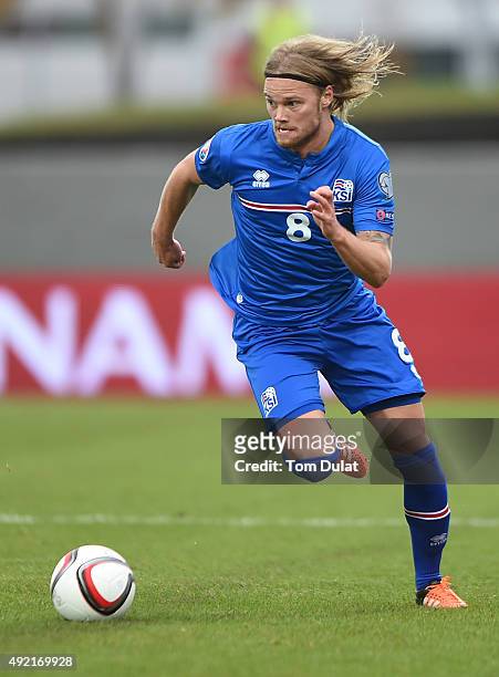 Birkir Bjarnason of Iceland in action during the UEFA EURO 2016 Qualifier match between Iceland and Latvia at Laugardalsvollur National Stadium on...